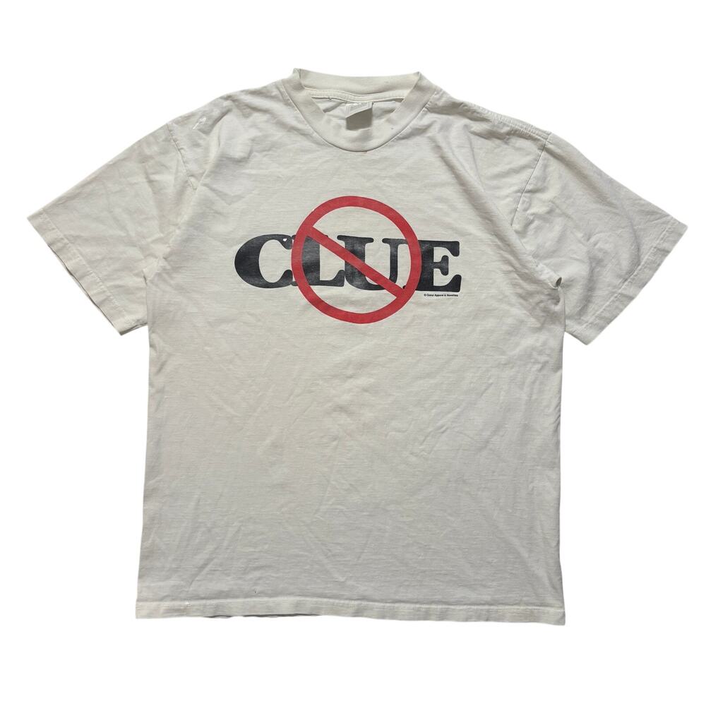 VTG 90’s No Clue Faded Distressed Paint Splattered T-Shirt Men’s L White